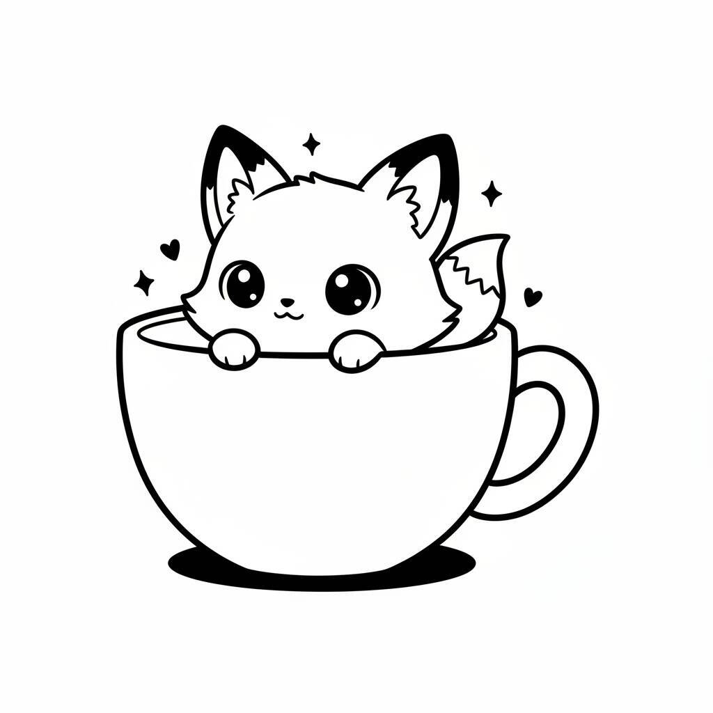 Desenho de um gato fofo dentro de uma xícara com corações ao redor.