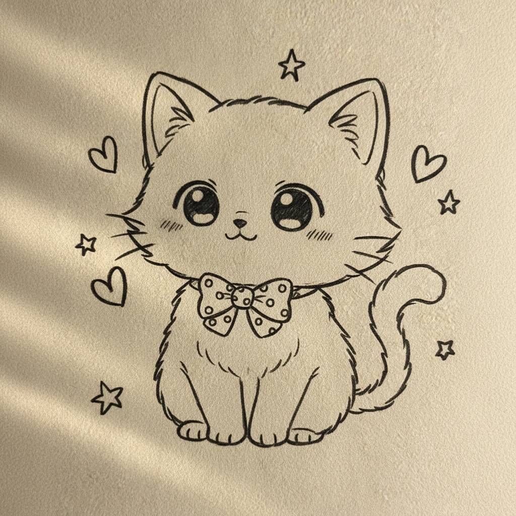 Desenho de um gato fofo com laço e corações ao redor