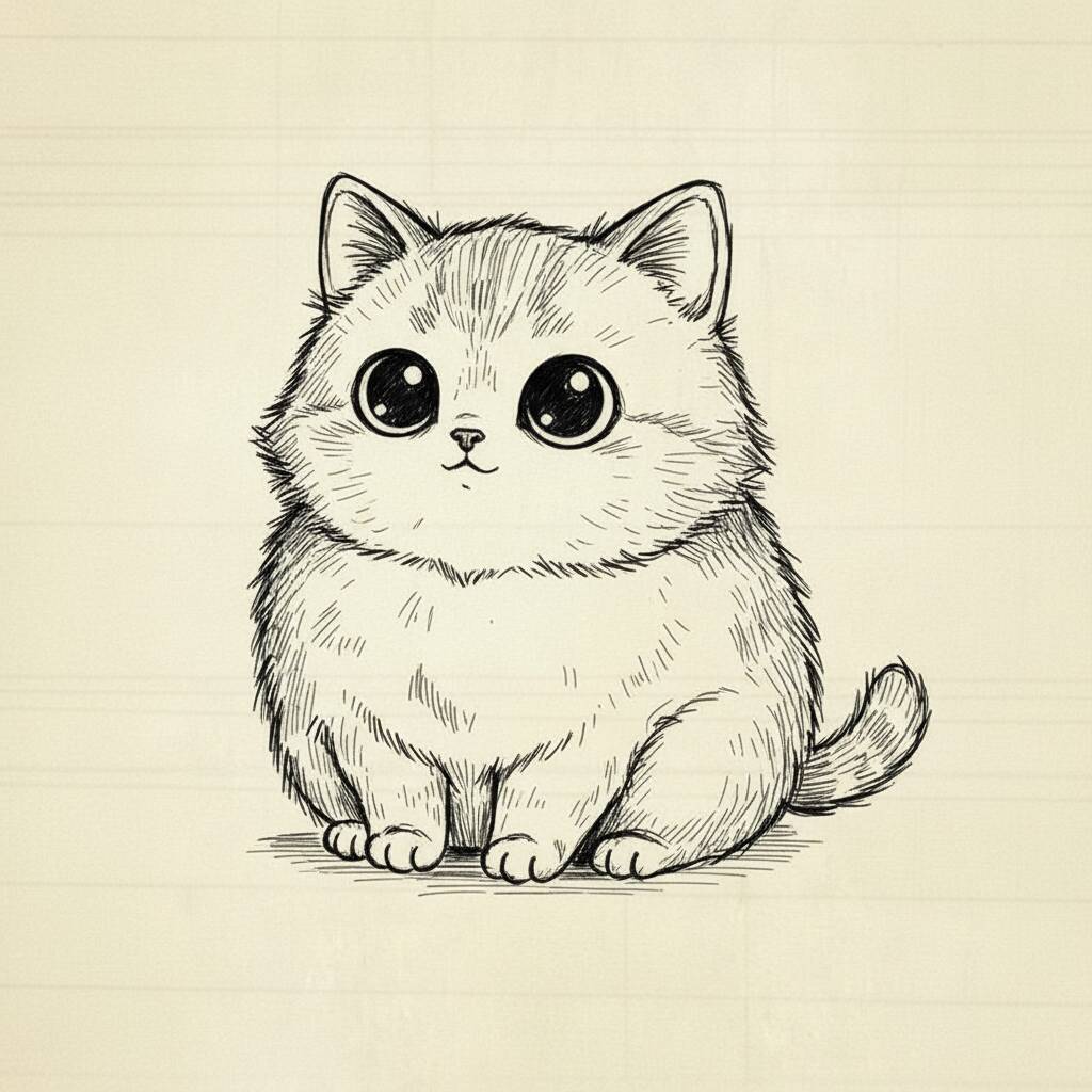 Desenho de um gato peludo e adorável sentado