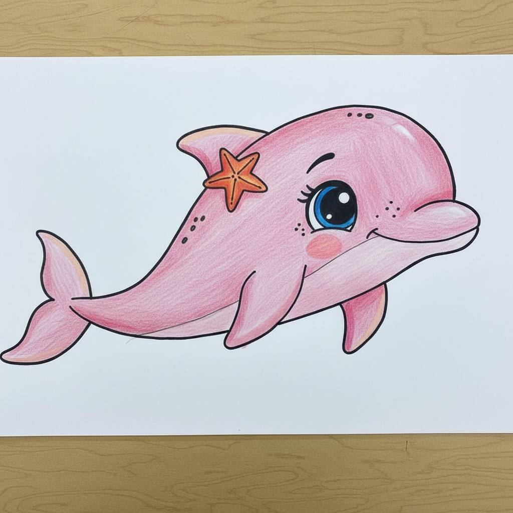 Desenho de um golfinho rosa com uma estrela do mar na cabeça