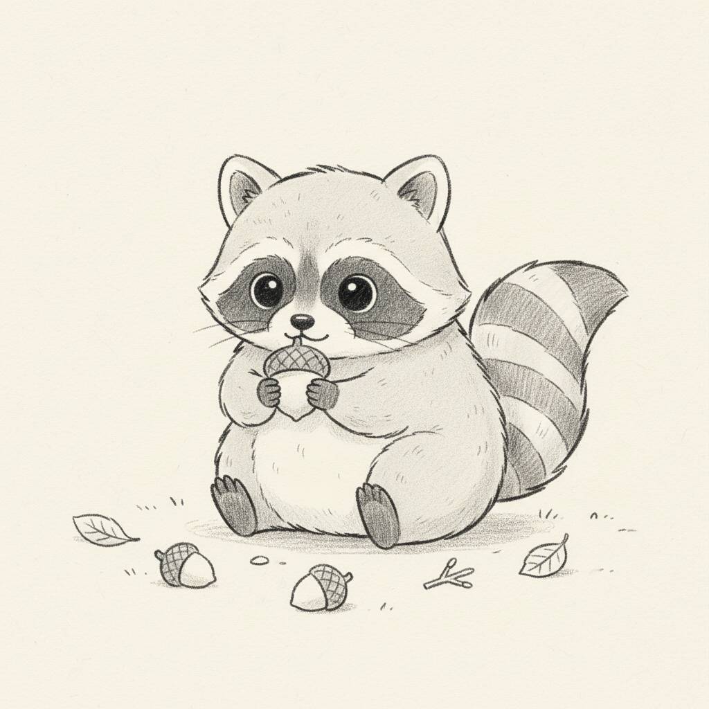 Desenho de um guaxinim adorável segurando uma bolota