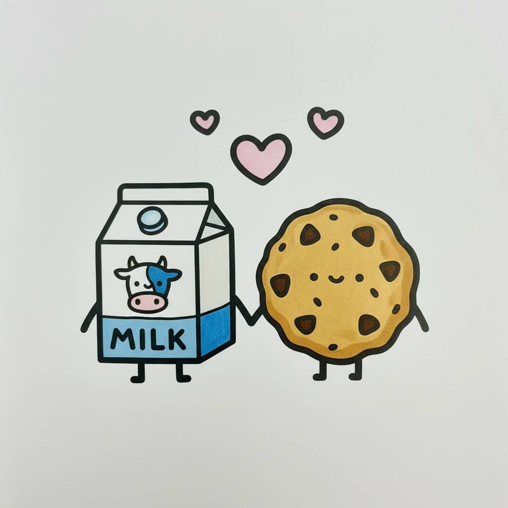 Desenho de uma caixa de leite e um biscoito sorridente de mãos dadas com corações ao fundo.