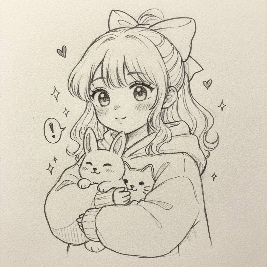 Desenho de uma menina segurando um coelho e um gatinho, com estrelas e corações ao fundo.