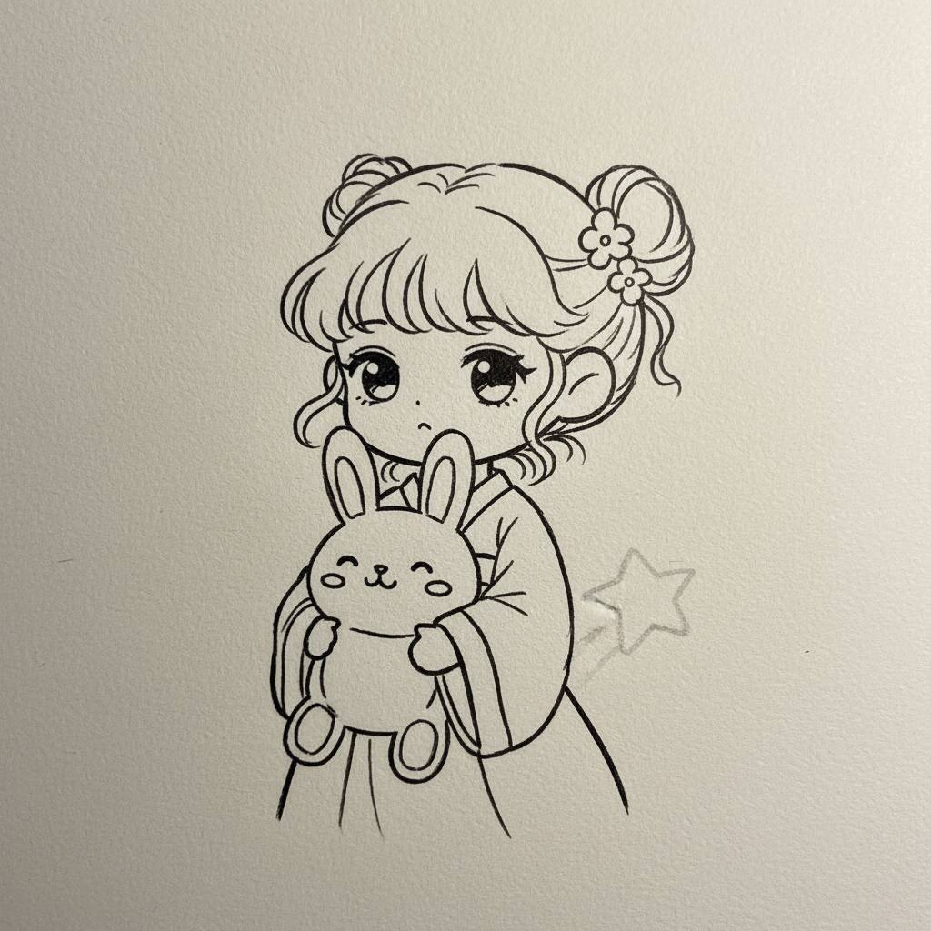 Menina com coelho em um desenho fofo para colorir