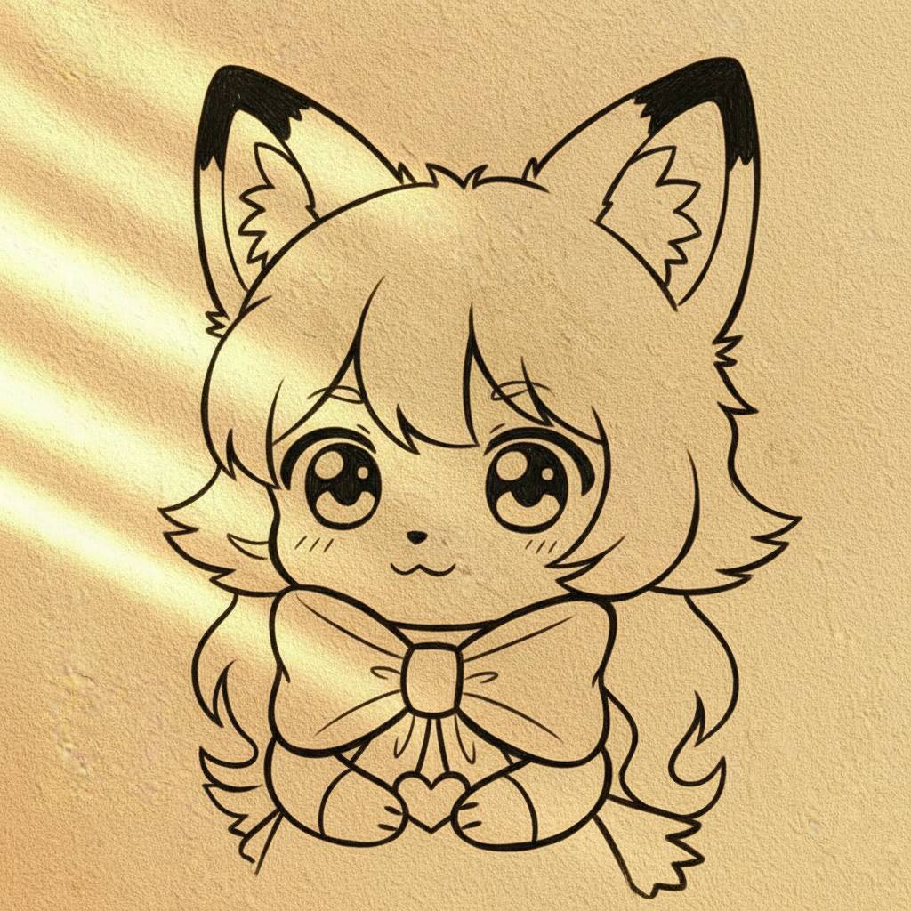 Desenho de uma menina com orelhas de lobo e um laço grande, em estilo kawaii.