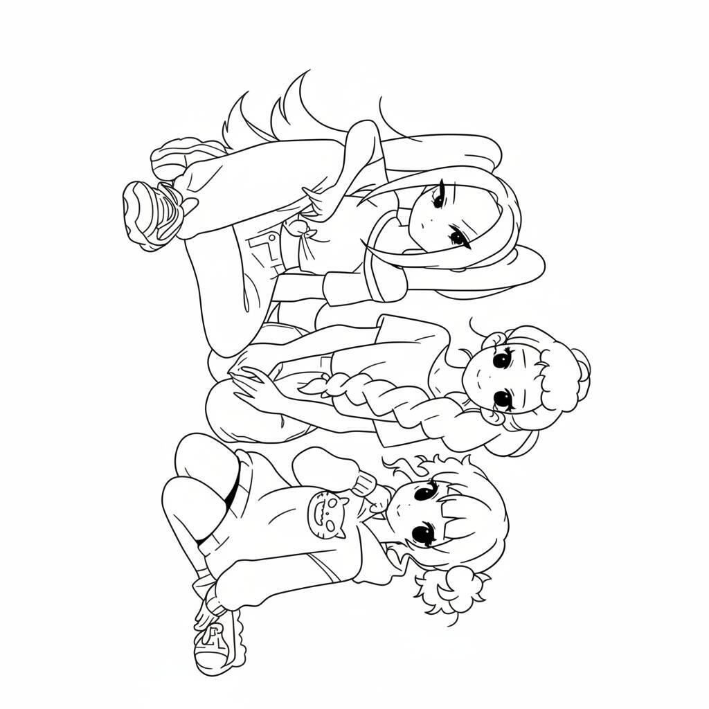 Desenho em linha de três meninas com estilo kawaii sentadas