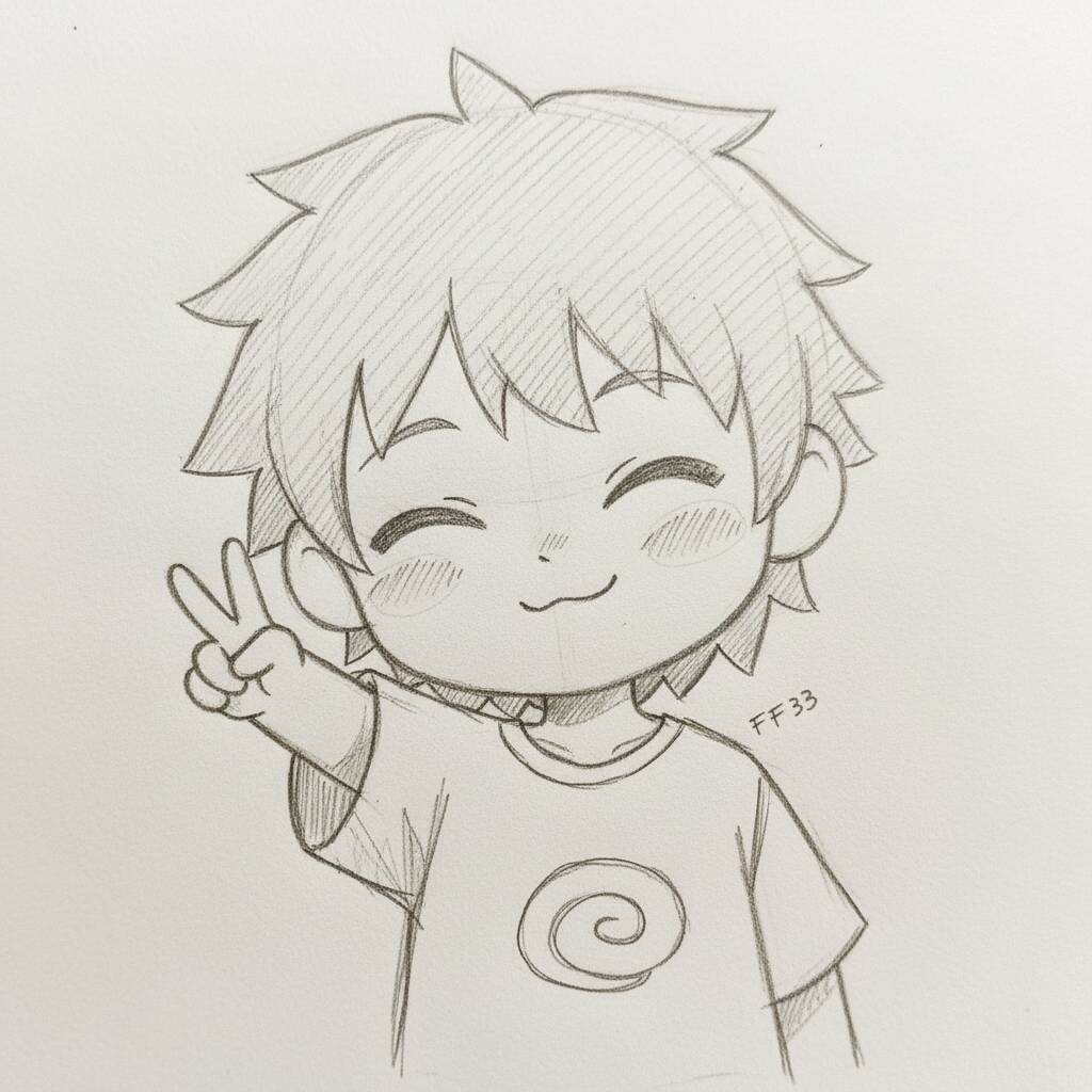 Desenho de um menino com cabelo bagunçado fazendo sinal de paz