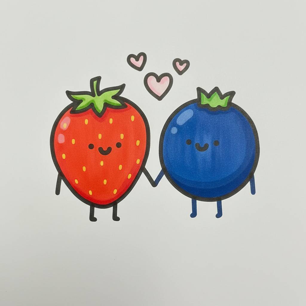 Desenho de um morango e uma blueberry de mãos dadas com corações ao redor.