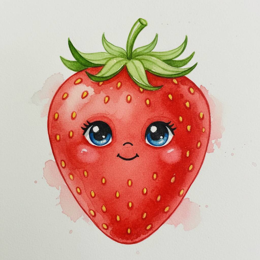 Desenho de um morango fofo com olhos grandes e sorriso, ideal para colorir.