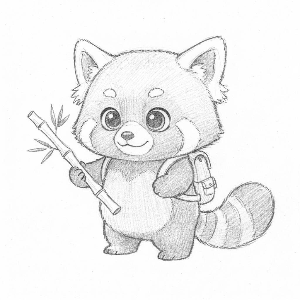 Desenho de um panda vermelho adorável segurando um bastão
