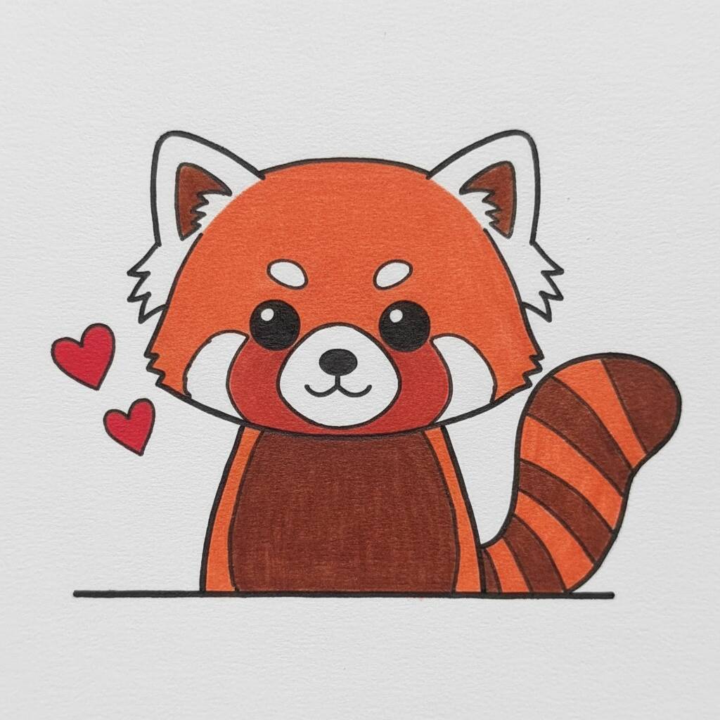Desenho de um panda vermelho adorável com corações ao redor