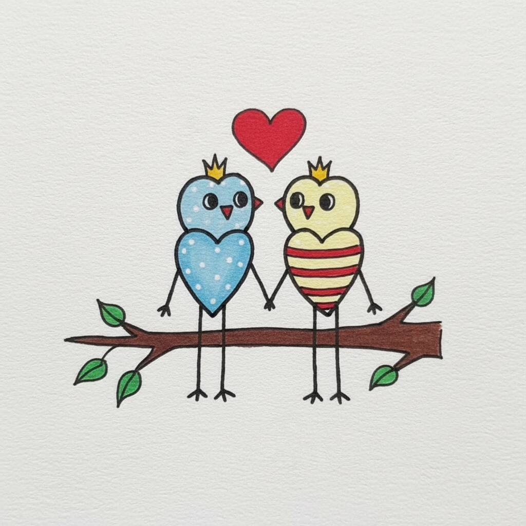 Desenho de dois pássaros em forma de coração segurando as mãos em um galho