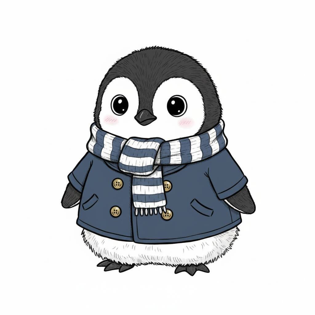 Desenho de um pinguim fofo usando um cachecol listrado