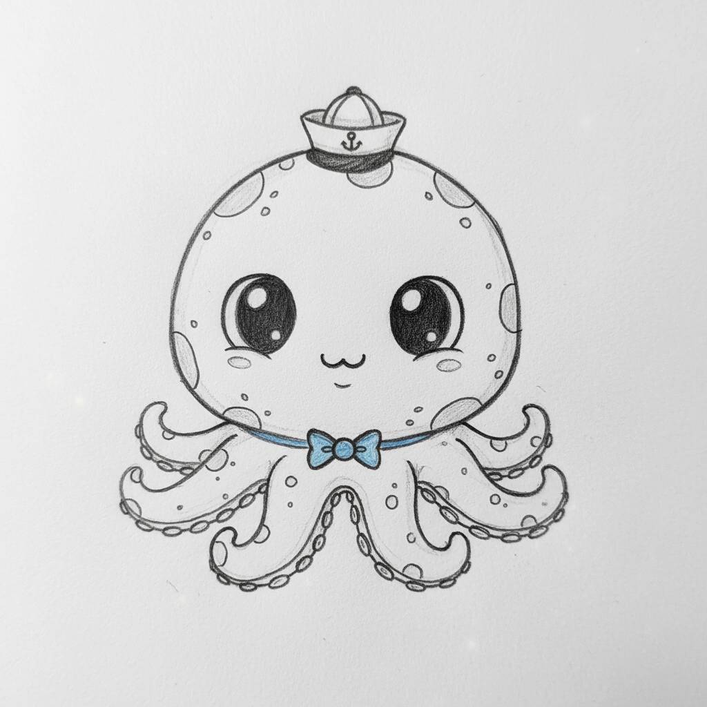 Desenho de um polvo fofo com chapéu de marinheiro e gravata borboleta.