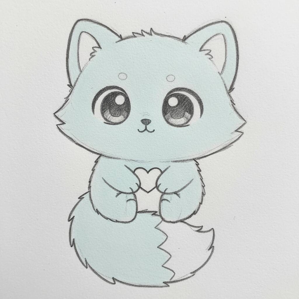 Desenho de uma raposinha fofa segurando um coração.