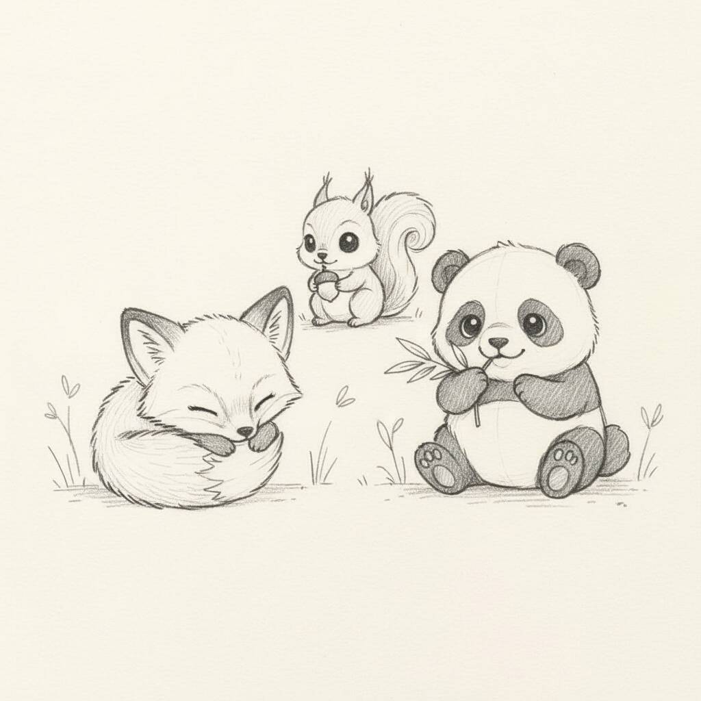 Desenho de uma raposa, um esquilo e um panda em estilo fofo.