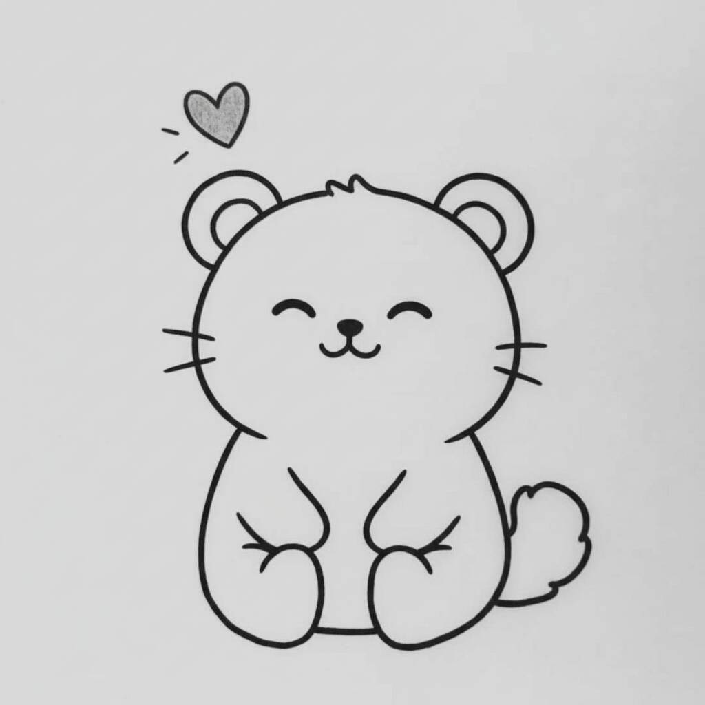 Desenho de um ursinho sorridente com um coração acima da cabeça.