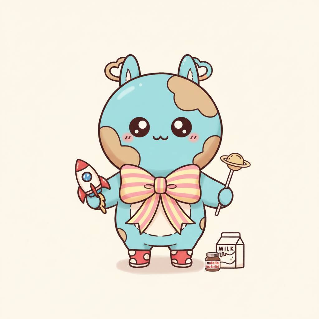 Urso fofo vestido de astronauta segurando um foguete e um planeta