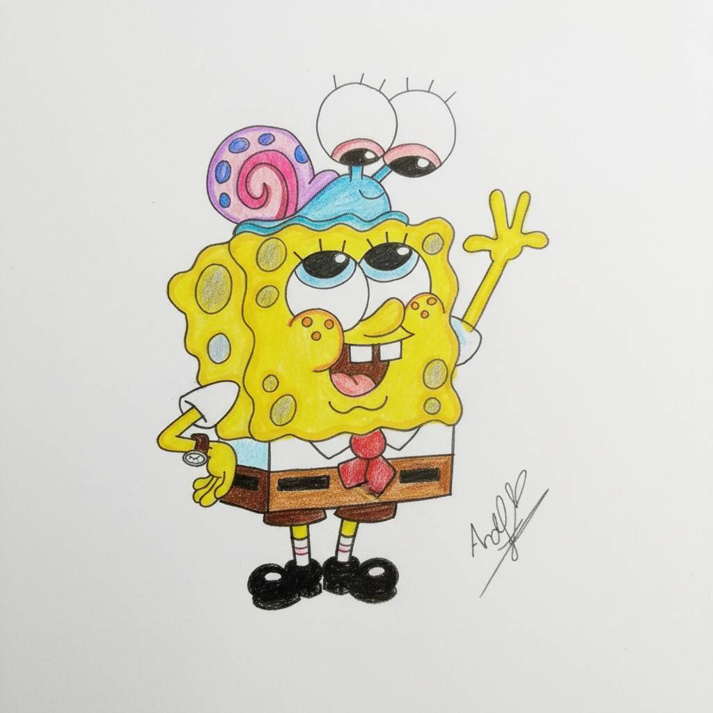 Desenho do Bob Esponja acenando com seu caracol de estimação Gary