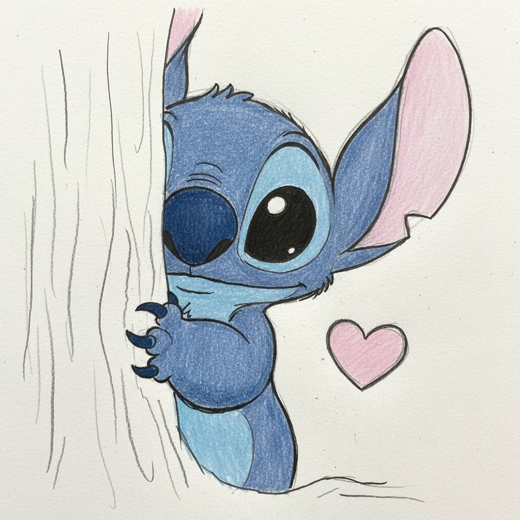 Desenho do Stitch escondido atrás de uma árvore com um coração ao lado