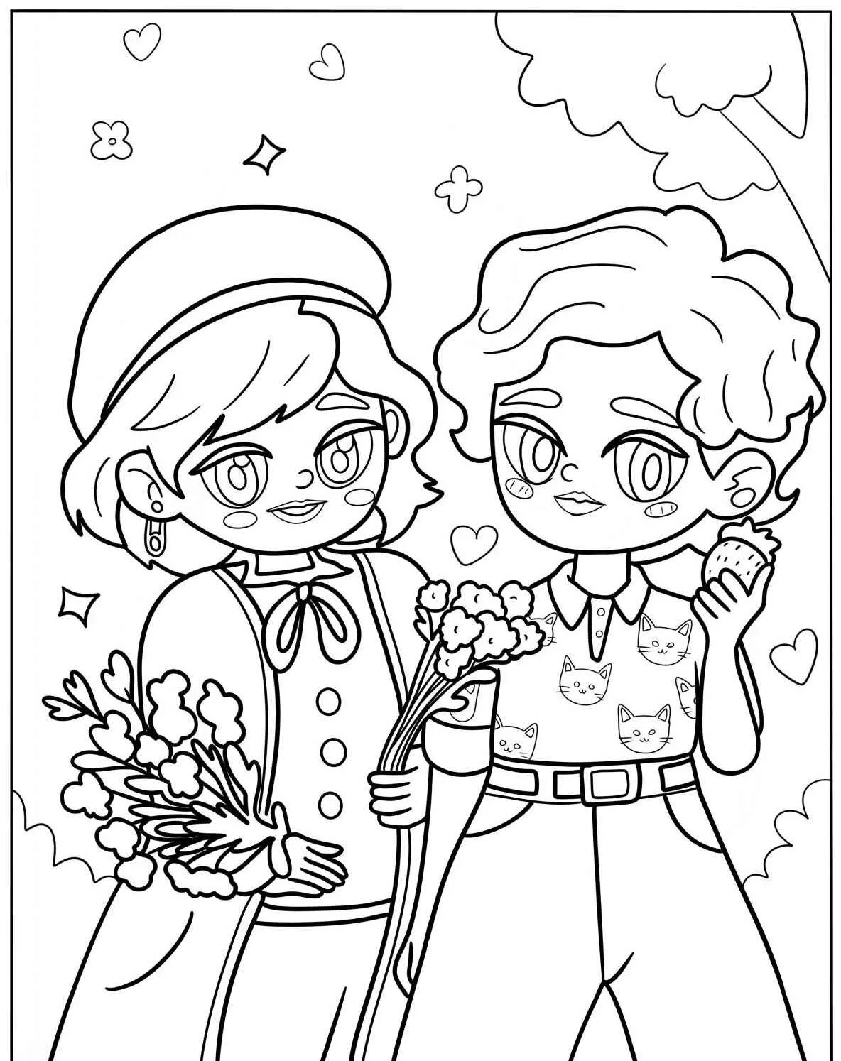 Desenho para colorir de dois amigos fofos segurando flores e sorvete