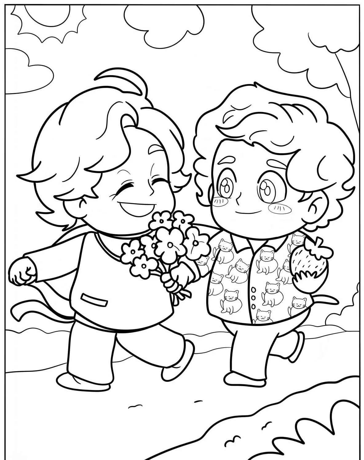 Desenho de dois amigos fofos caminhando com flores em um cenário alegre para colorir