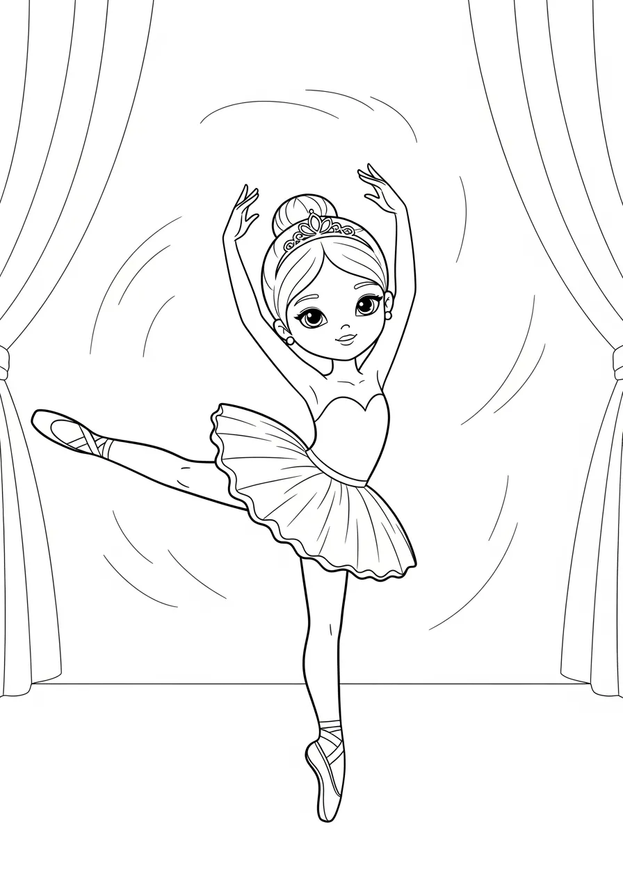 Desenho de uma bailarina fofa dançando no palco para colorir