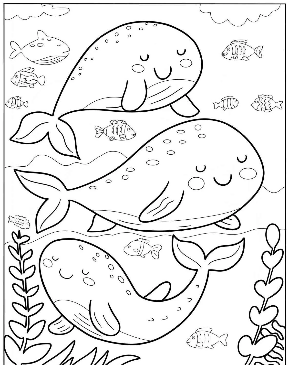 Três baleias fofas sorrindo no oceano com peixinhos ao redor