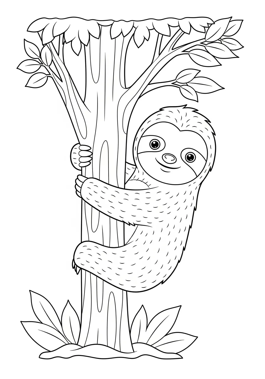 Desenho de um bicho-preguiça fofo abraçado a um tronco de árvore para colorir