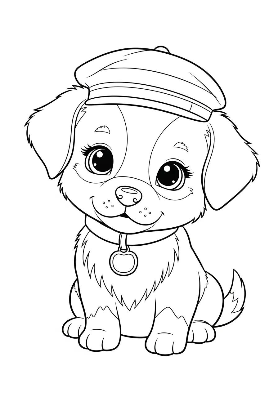 Cachorrinho fofo usando um boné, pronto para colorir