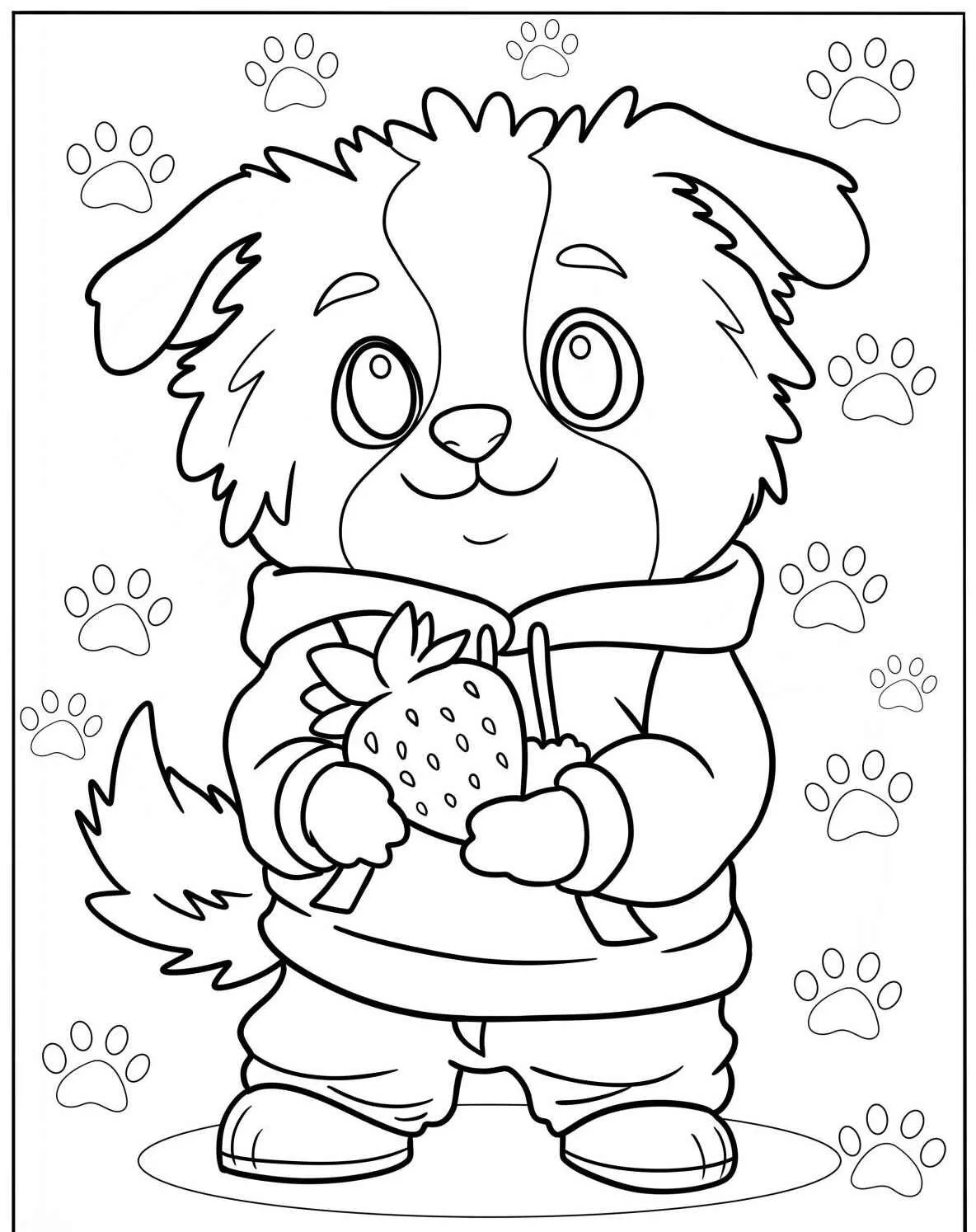Desenho de um cachorrinho fofo segurando um morango para colorir