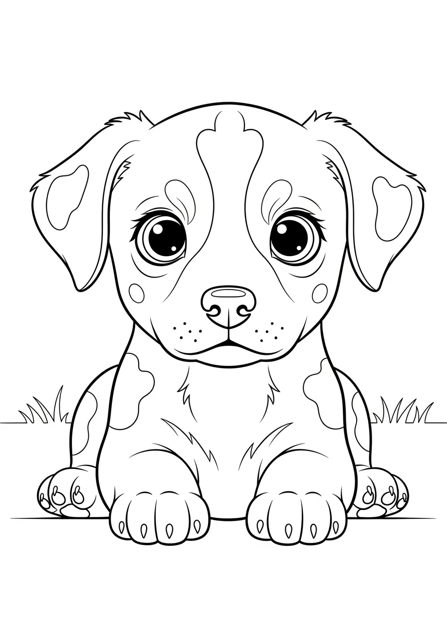 Desenho de um cachorrinho fofo para colorir, com olhos grandes e manchas.