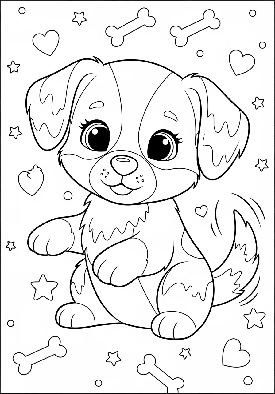 Desenho de um cachorrinho fofo cercado por ossinhos e estrelas para colorir