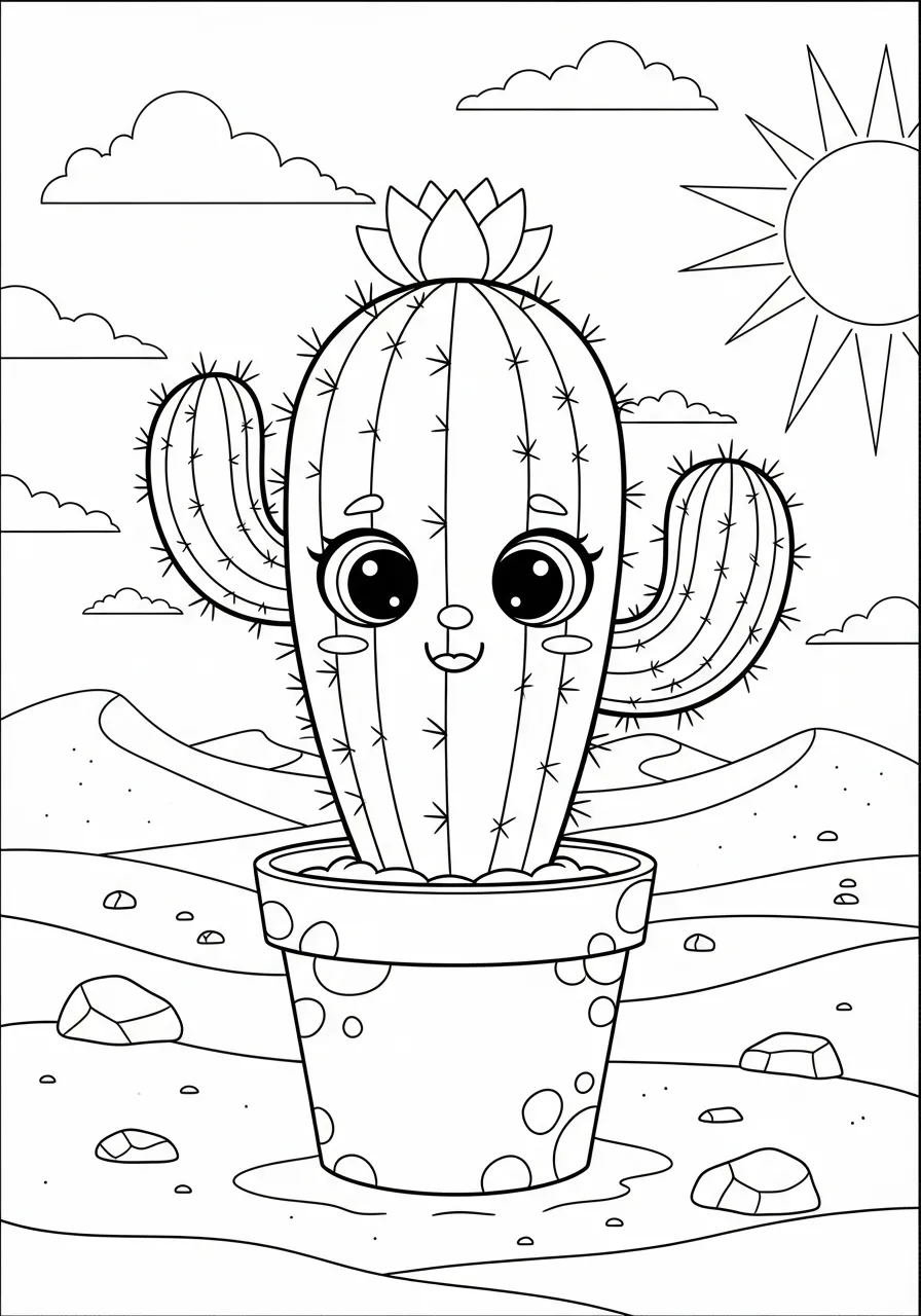 Desenho de um cacto fofo em um vaso com carinha feliz para colorir