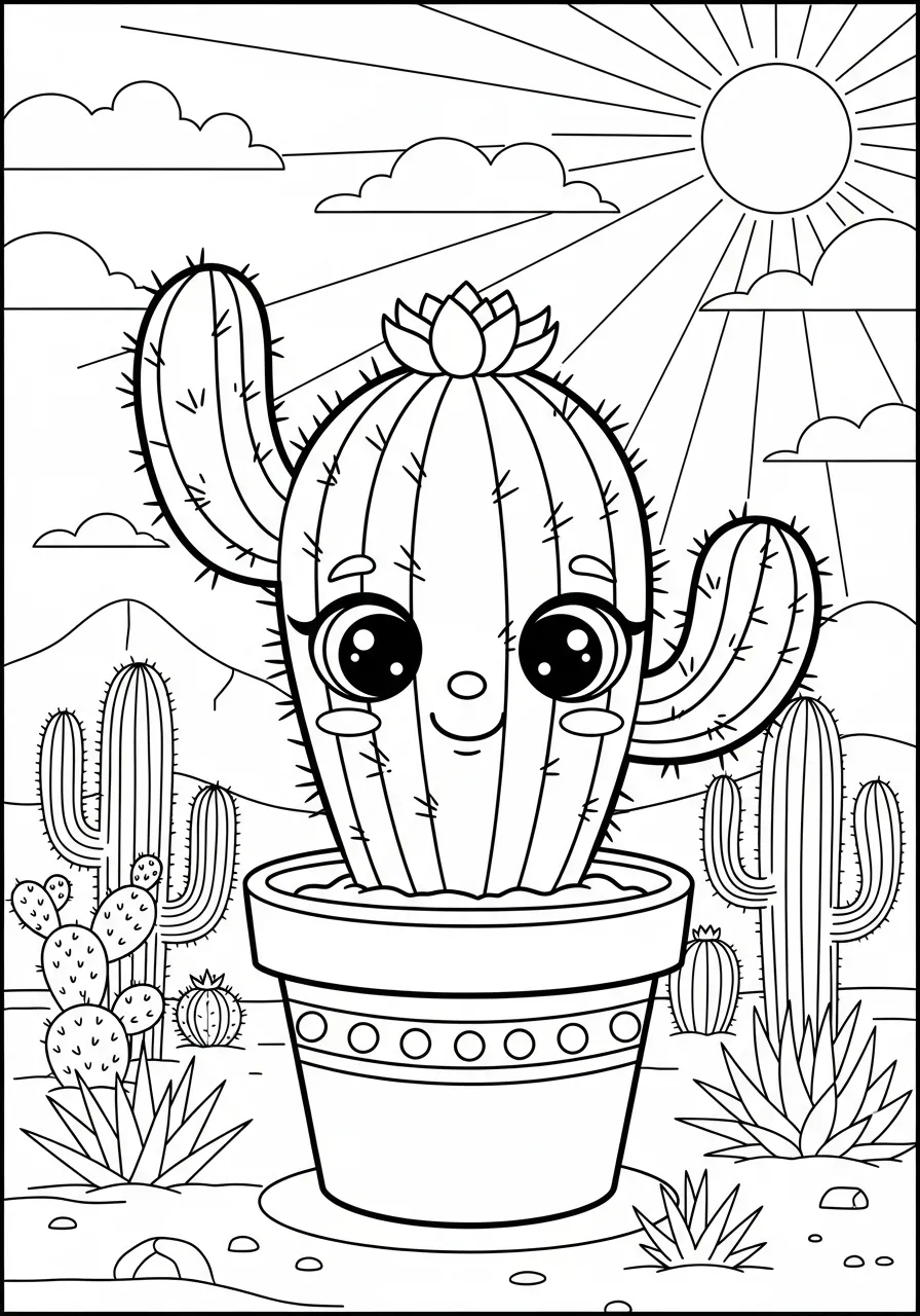 Desenho de um cacto fofo em um vaso com um rosto sorridente, cercado por outros cactos no deserto sob o sol.
