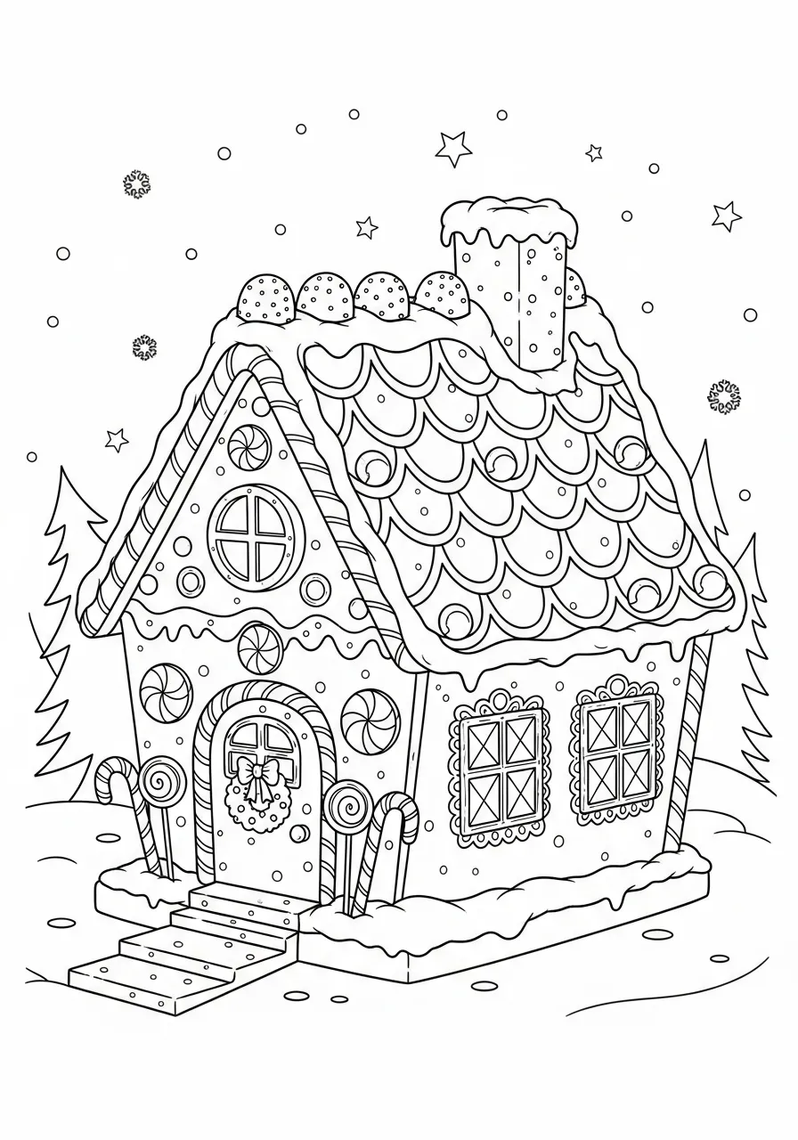 Desenho de uma casinha de biscoito coberta de neve para colorir