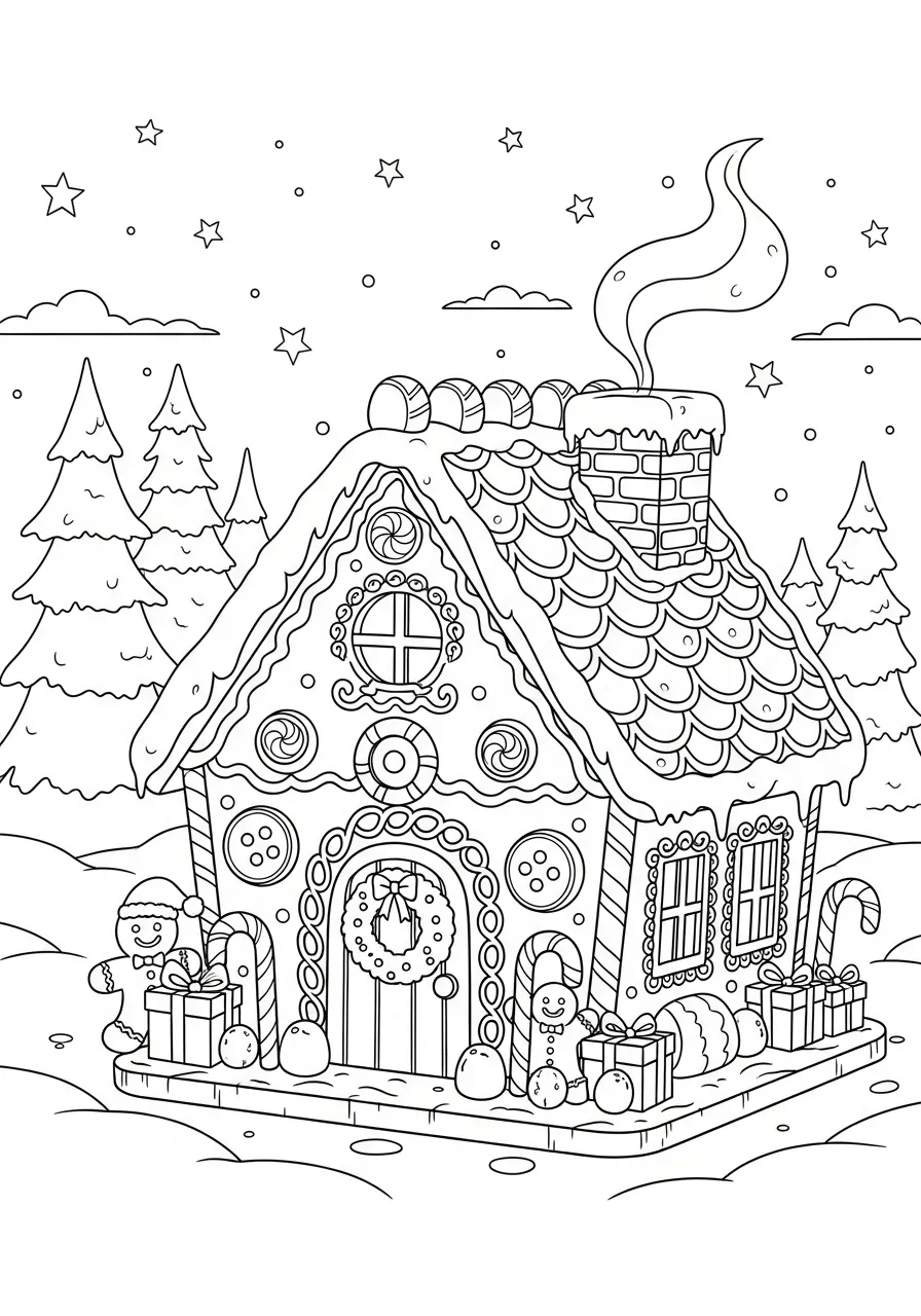 Desenho de uma casinha de Natal decorada com doces e presentes para colorir
