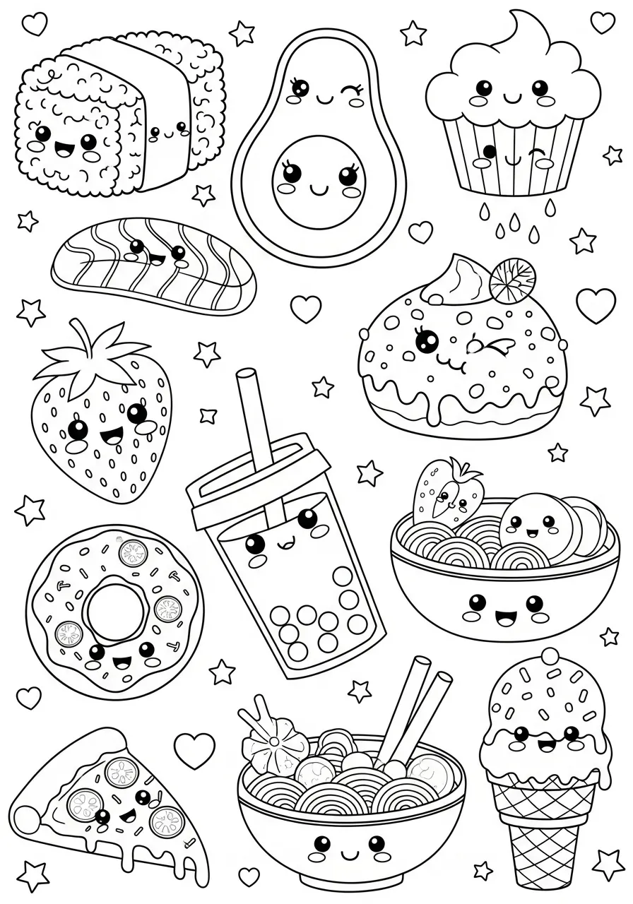 Desenho para colorir com várias comidinhas fofas como sushi, cupcake, e frutas com expressões alegres.