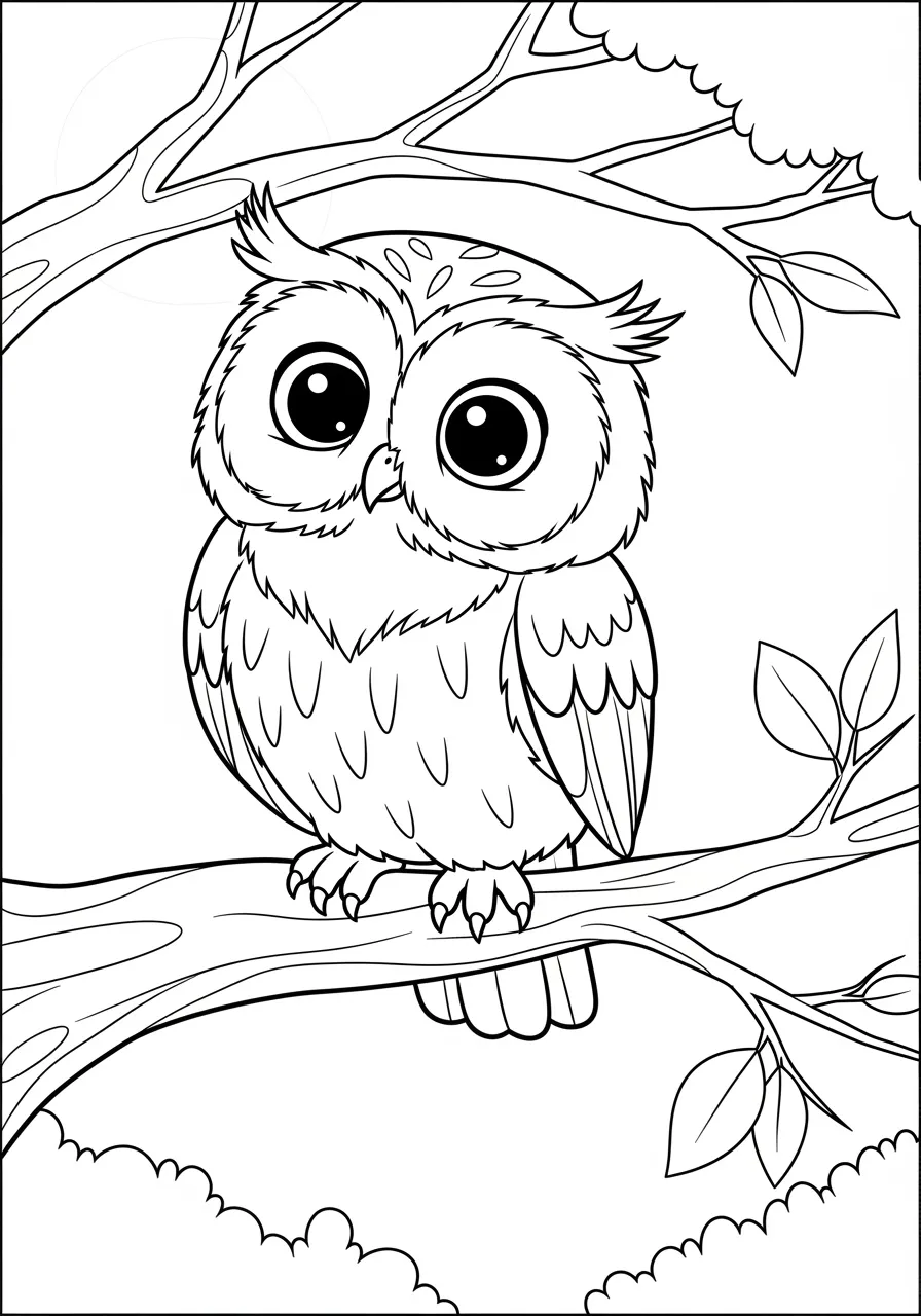 Desenho de uma corujinha fofa sentada em um galho para colorir
