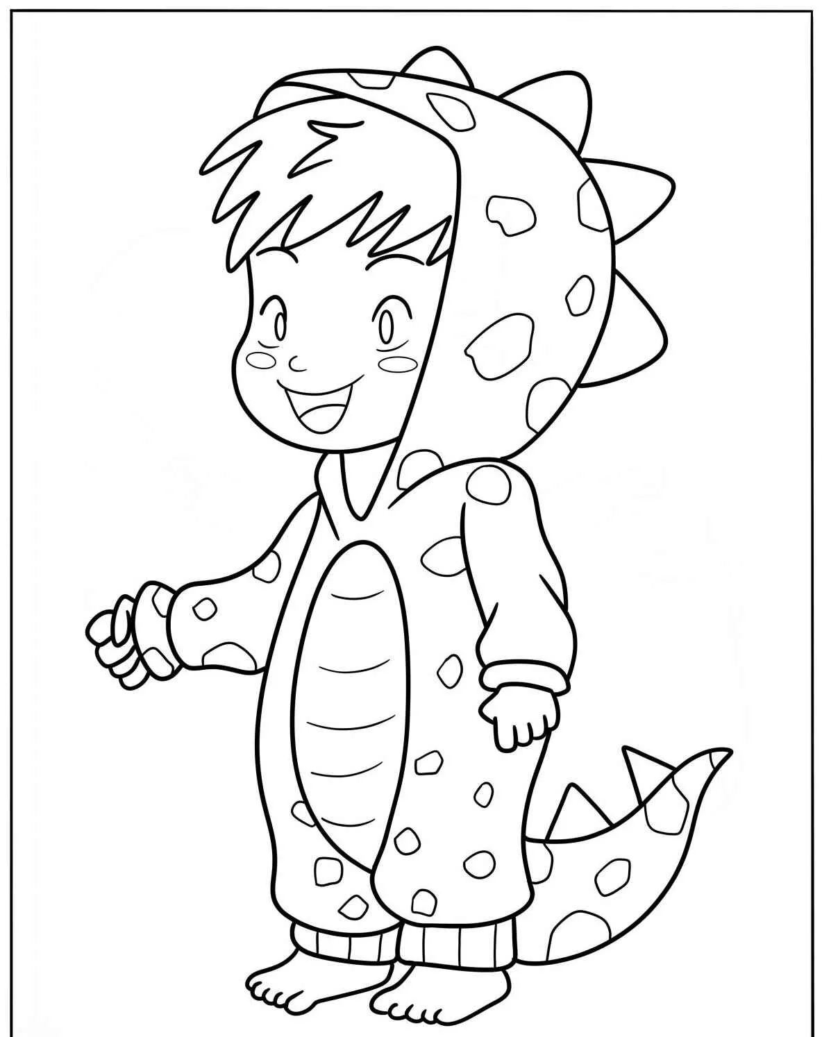 Desenho para colorir de uma criança vestida com fantasia de dinossauro