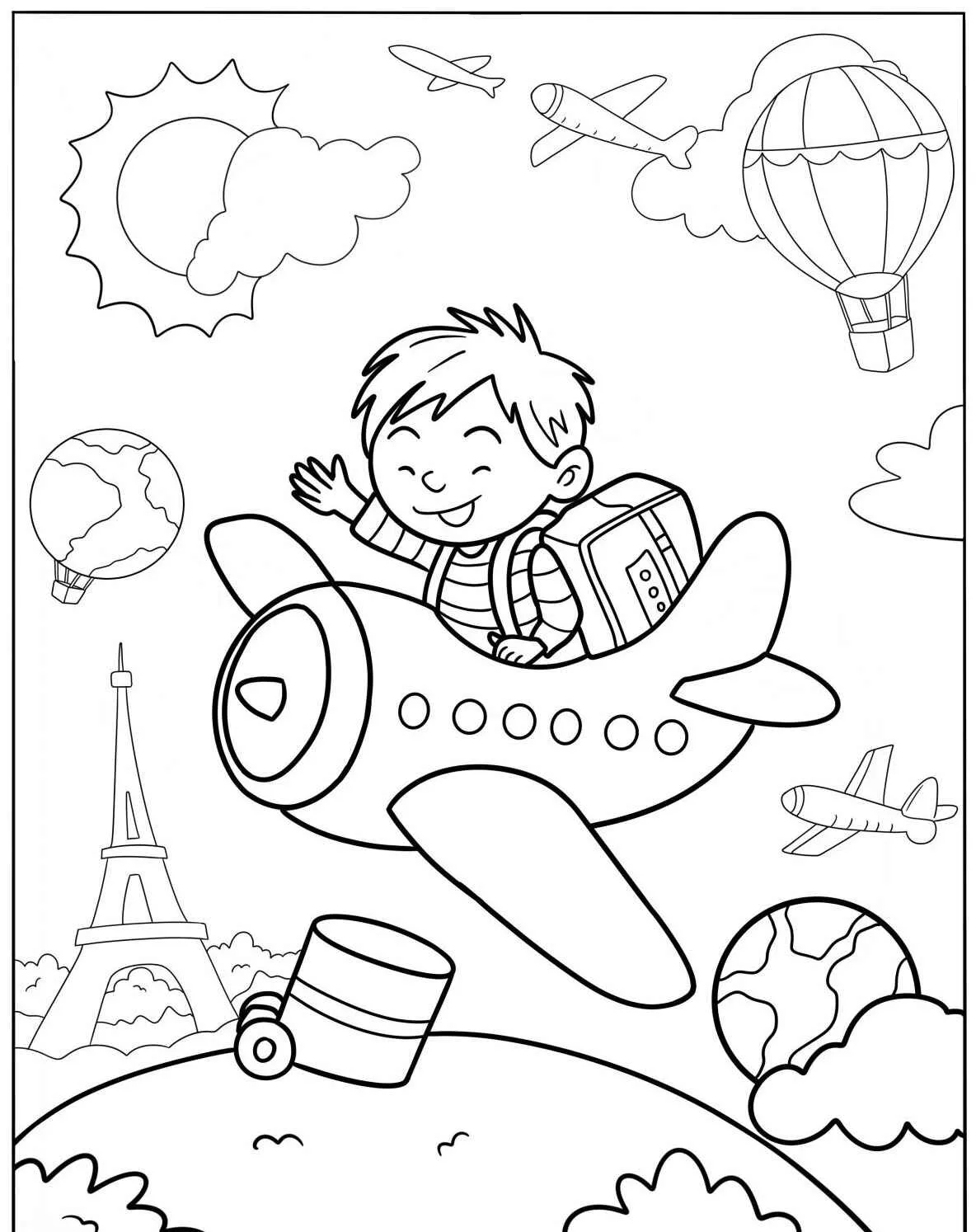 Desenho de criança sorridente em um avião com mochila, nuvens e balão de ar quente ao fundo