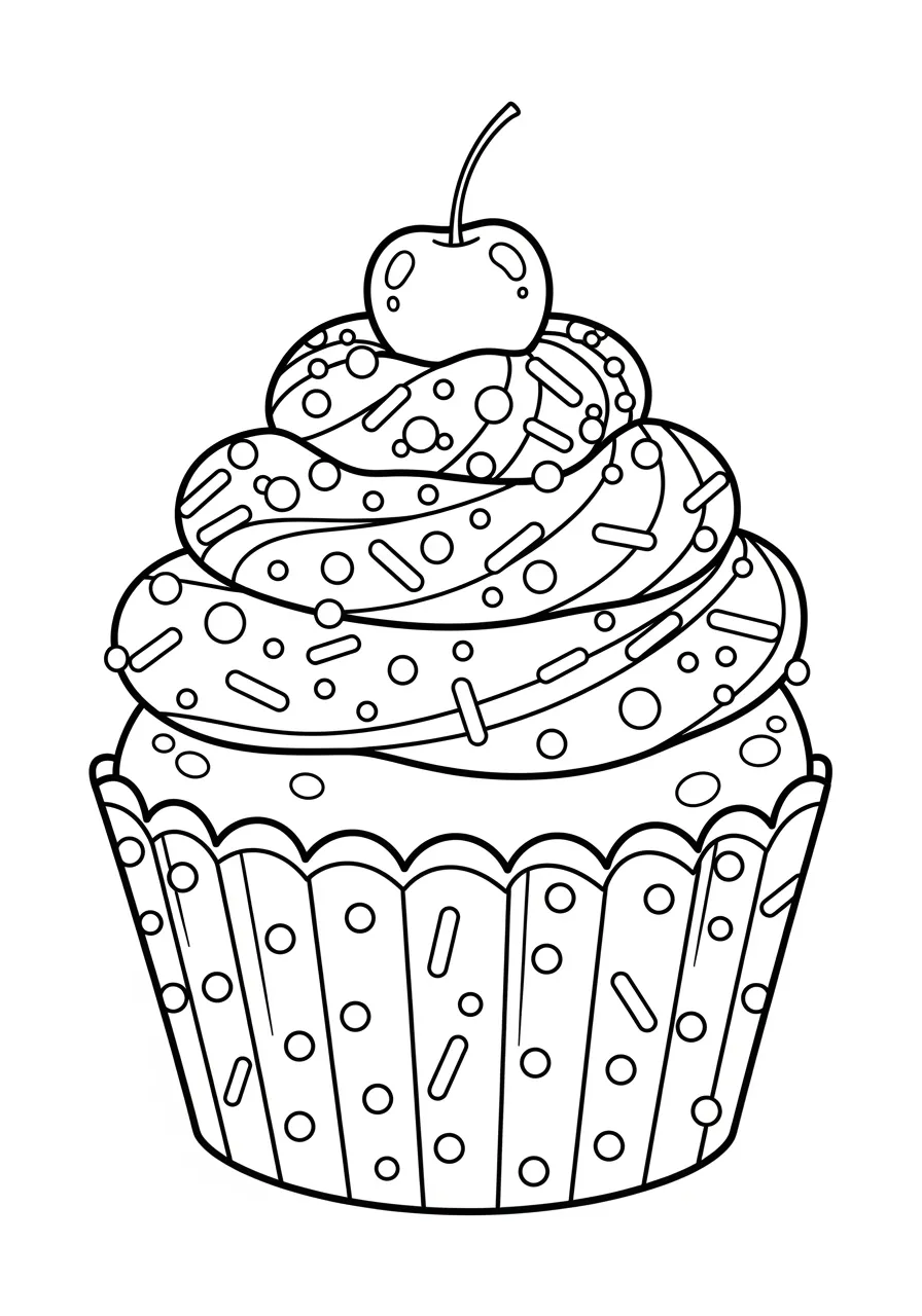 Desenho de um cupcake com cobertura e uma cereja no topo para colorir
