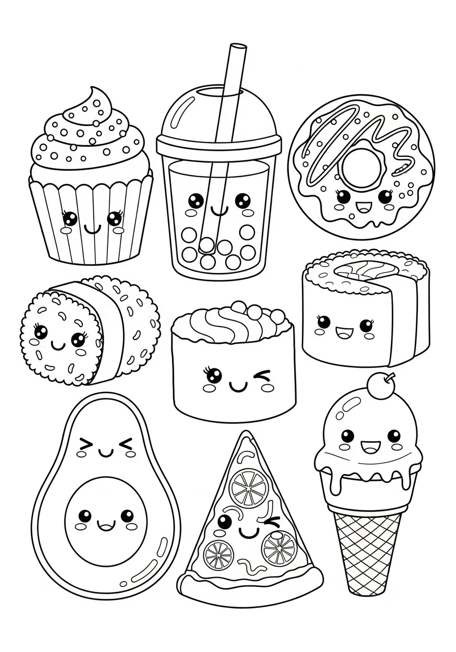Desenho para colorir de doces fofos, incluindo cupcake, sorvete e pizza com expressões alegres.