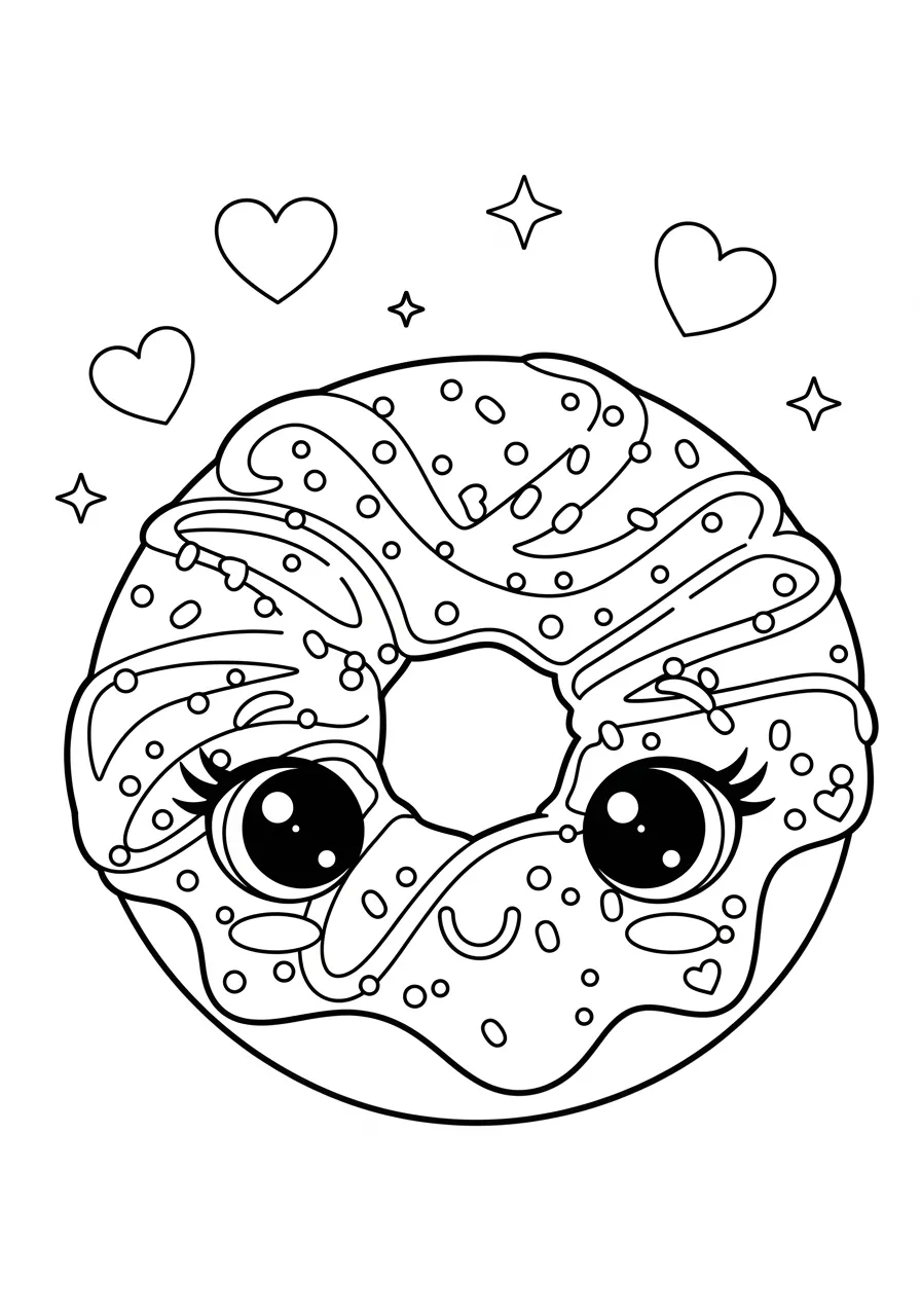 Desenho de um donut fofo com carinha feliz e corações ao redor para colorir