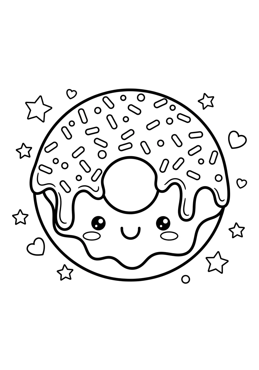 Imagem de um donut fofo com carinha feliz e cobertura, cercado por estrelas e corações para colorir.