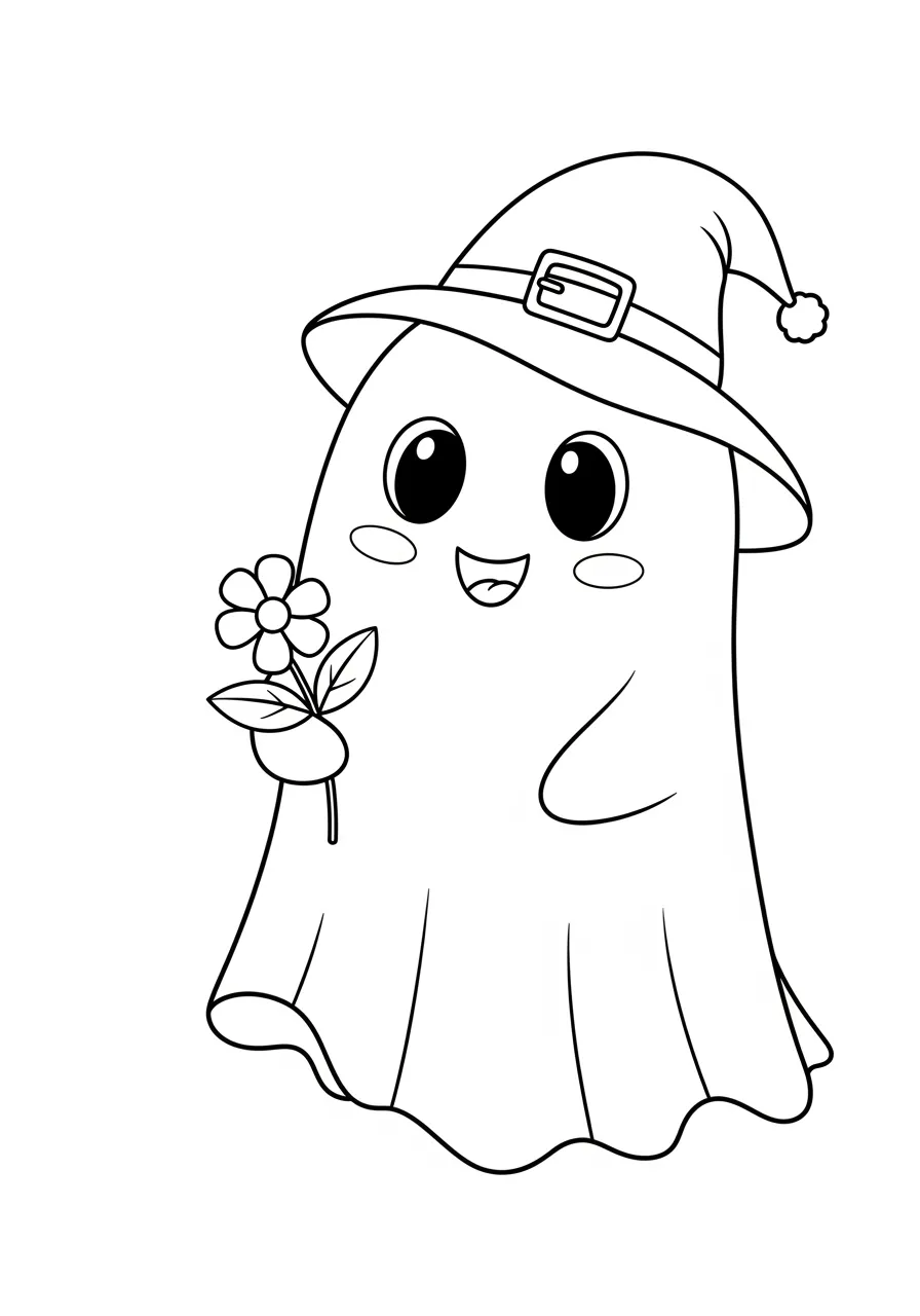 Desenho de um fantasminha sorridente usando um chapéu e segurando uma flor