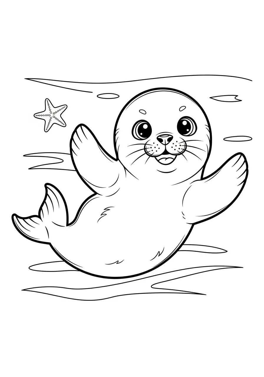 Desenho de uma foca sorridente com uma estrela do mar ao lado, ideal para colorir.