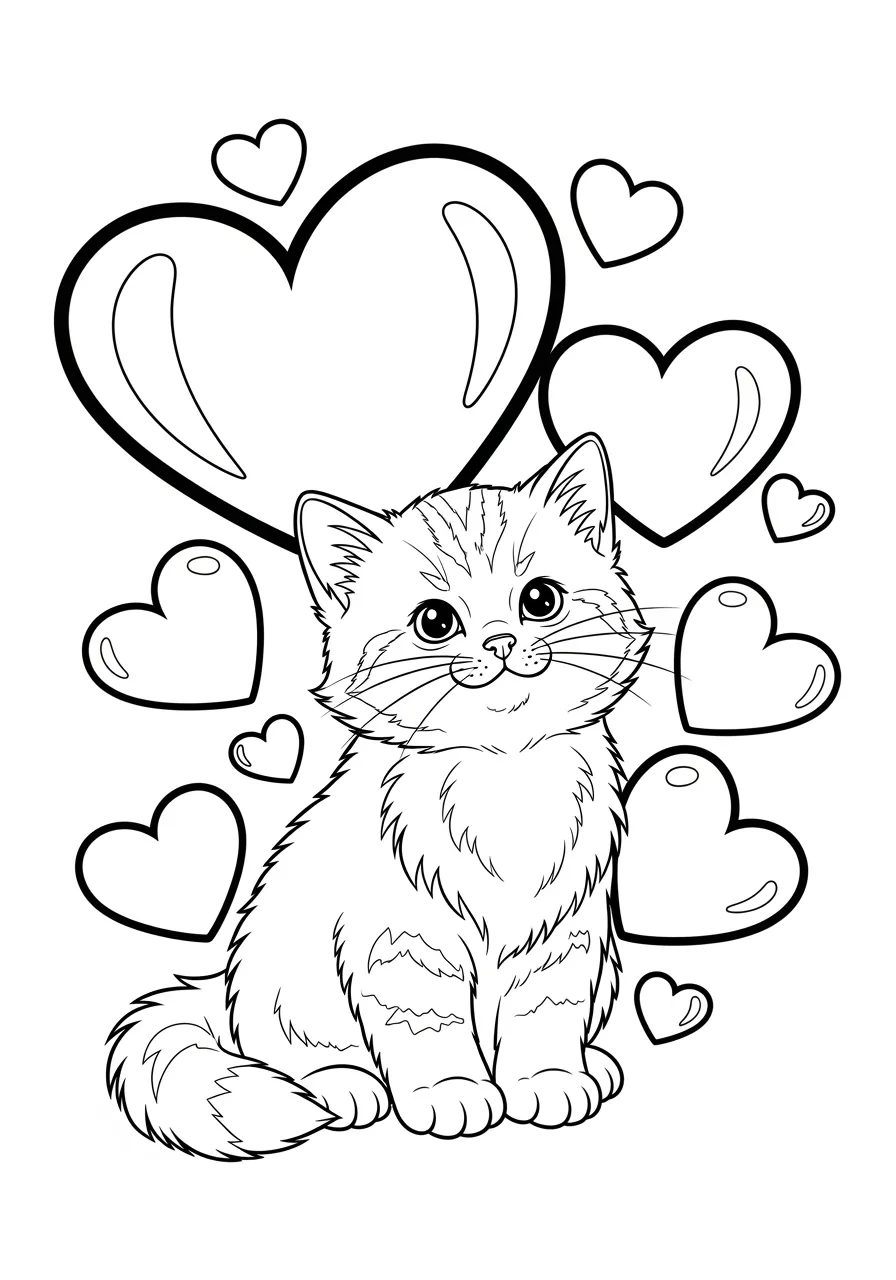 Gatinho fofo cercado por corações para colorir