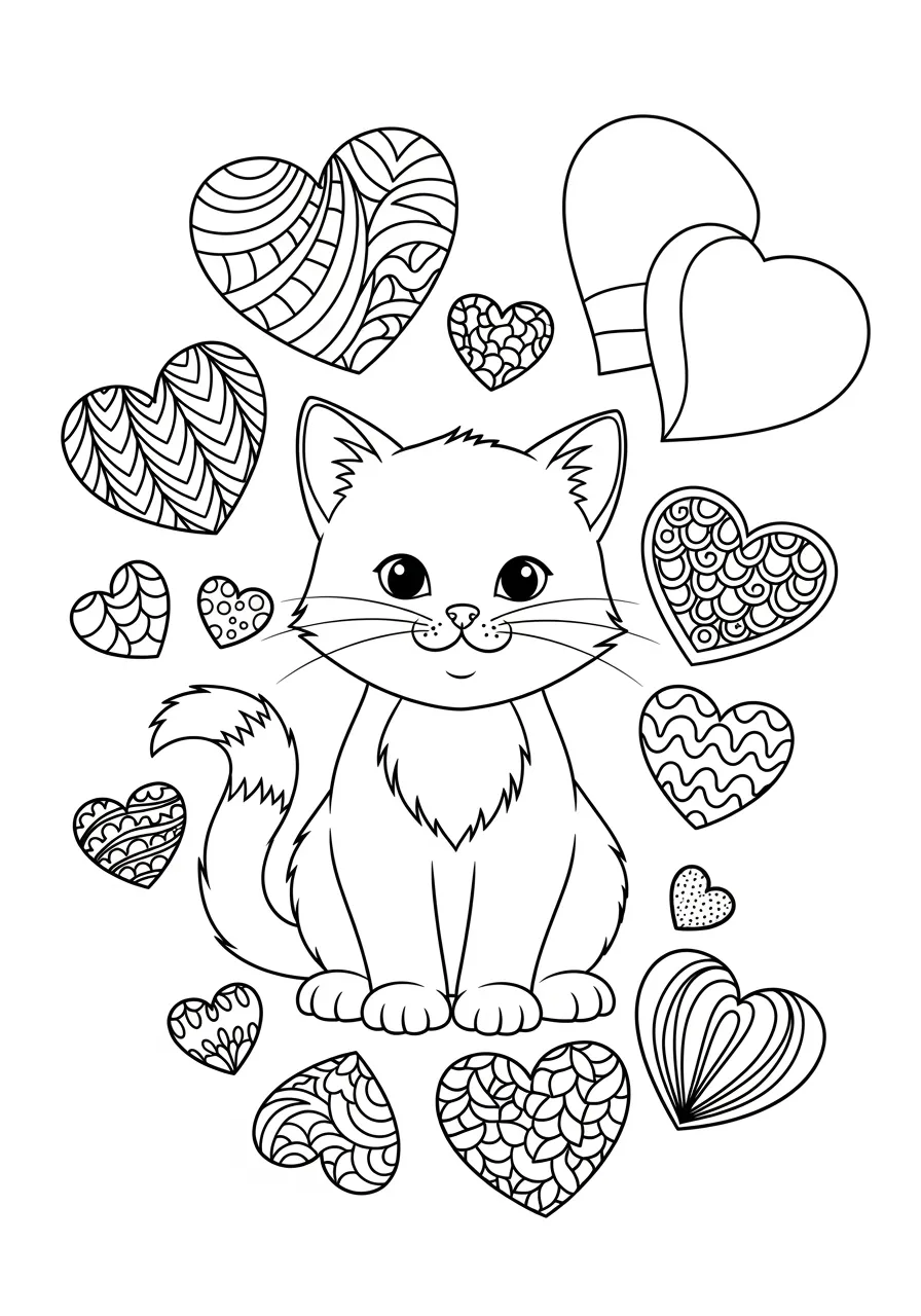 Desenho de um gatinho fofo cercado por corações para colorir
