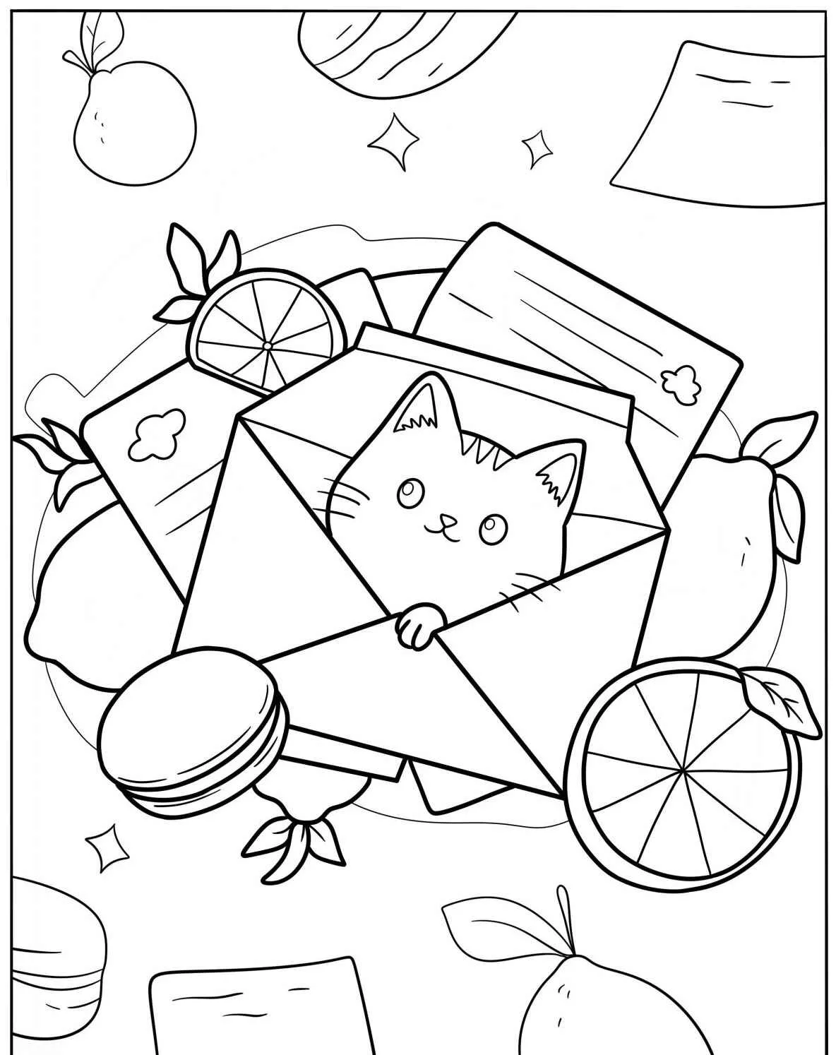 Desenho de um gatinho fofo dentro de um envelope cercado por macarons e fatias de laranja para colorir